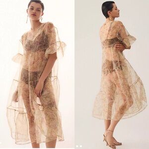 Anthropologie Tiered Sheer Printed Flutter Sleeve Dress